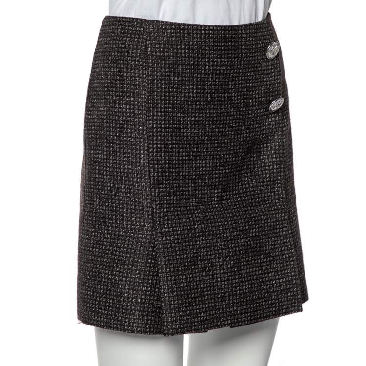 Pre Owned Balenciaga Black Patterned Wool Button Detail Mini Skirt M