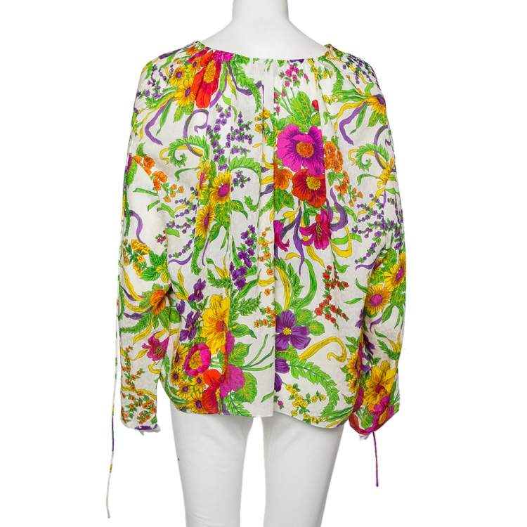 مملوكة مسبقًا Balenciaga White Floral Print Lurex Silk Slide Blouse L