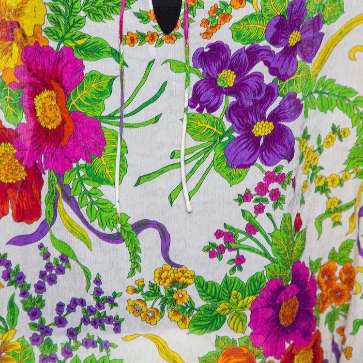 مملوكة مسبقًا Balenciaga White Floral Print Lurex Silk Slide Blouse L