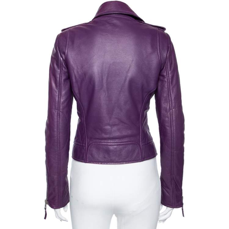 Pre Owned Balenciaga Purple Leather Cropped Biker Jacket M