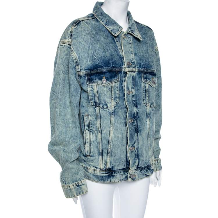 Pre Owned Balenciaga Blue Wrinkled Effect Denim Logo Print Oversized Jacket M