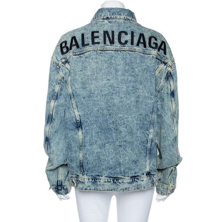 Pre Owned Balenciaga Blue Wrinkled Effect Denim Logo Print Oversized Jacket M