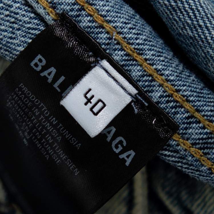 Pre Owned Balenciaga Blue Wrinkled Effect Denim Logo Print Oversized Jacket M