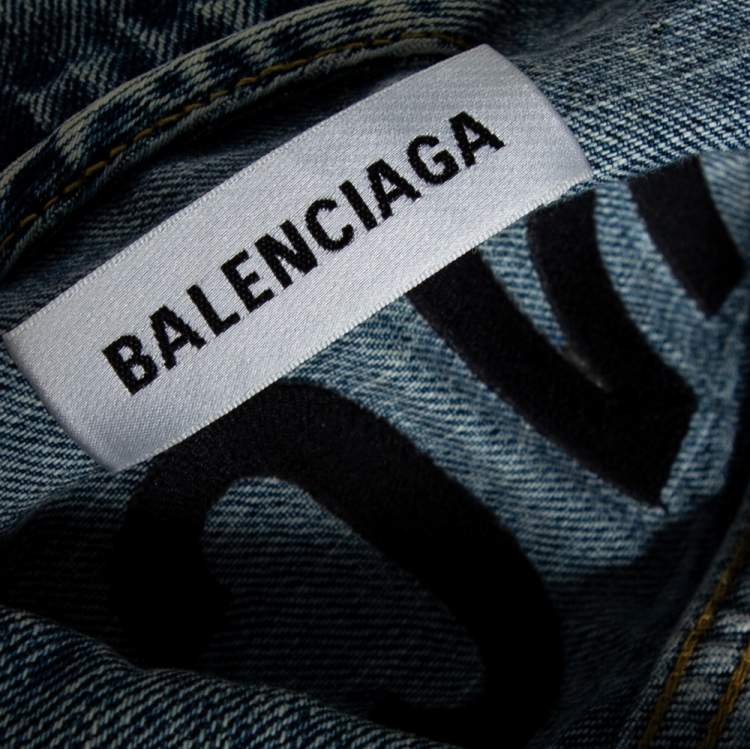 Pre Owned Balenciaga Blue Wrinkled Effect Denim Logo Print Oversized Jacket M
