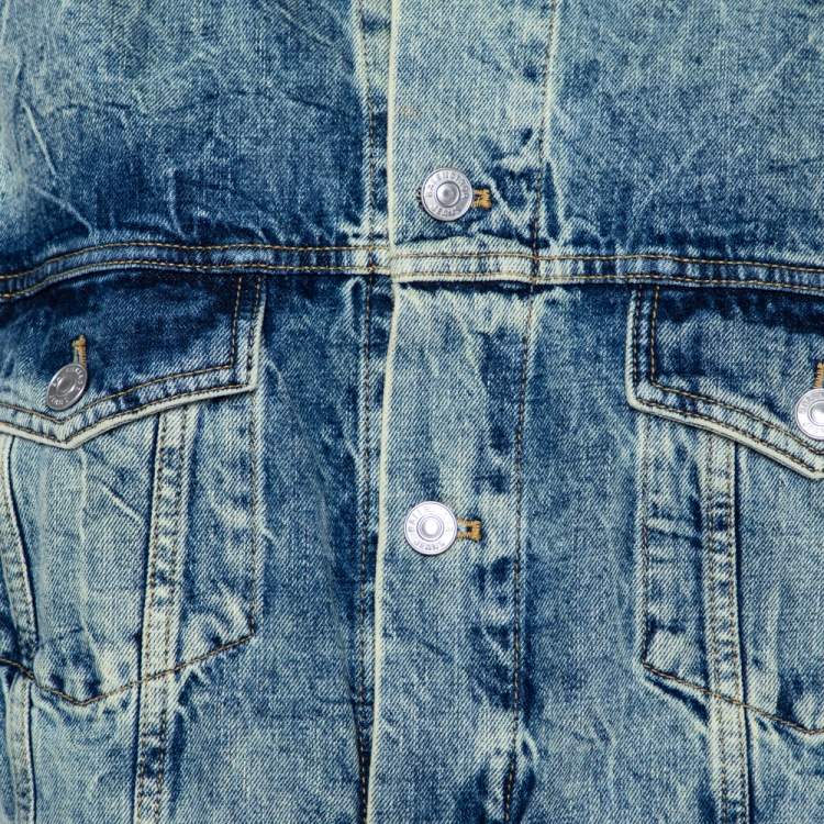 Pre Owned Balenciaga Blue Wrinkled Effect Denim Logo Print Oversized Jacket M