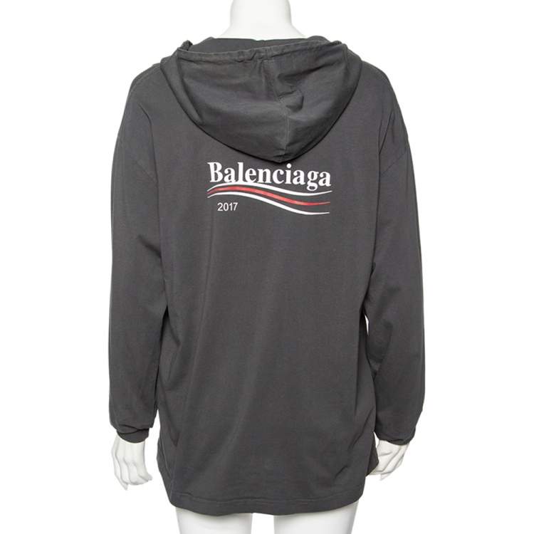 Pre Owned Balenciaga Grey Cotton Logo Printed Oversized Hoodie S