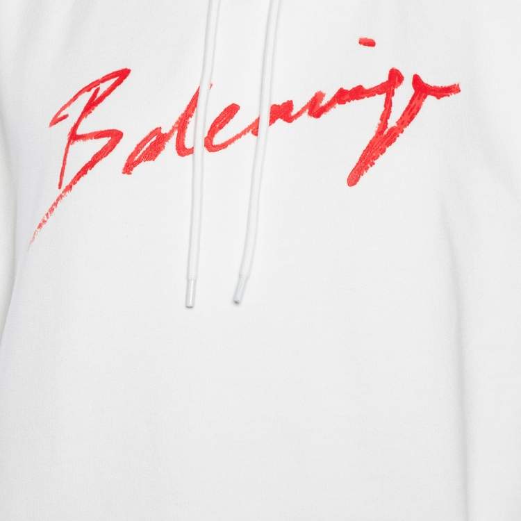 مملوكة مسبقًا Balenciaga White Lipstick Logo Print Cotton Gathered Back Detail Oversized Hoodie S