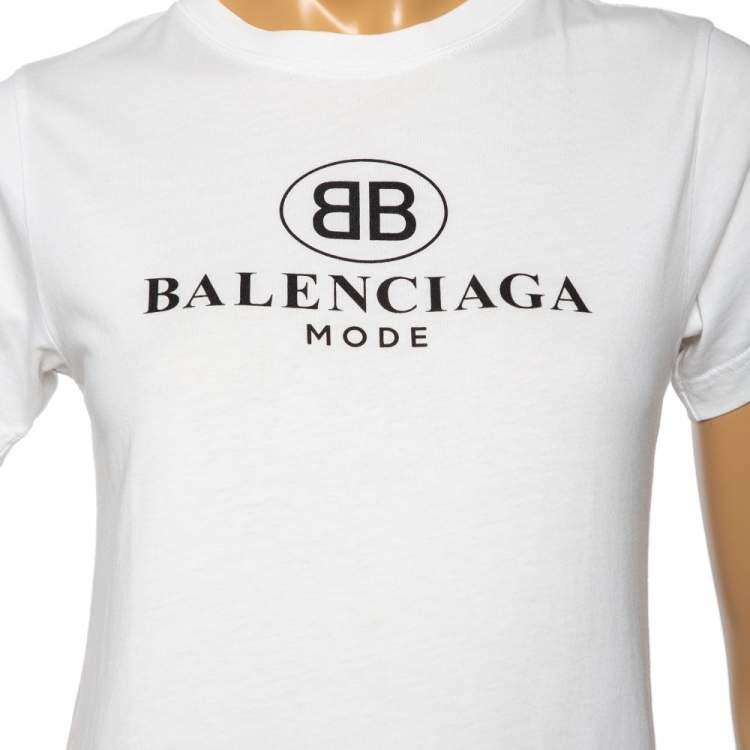 Pre Owned Balenciaga White Mode Logo Printed Cotton Crewneck T Shirt M