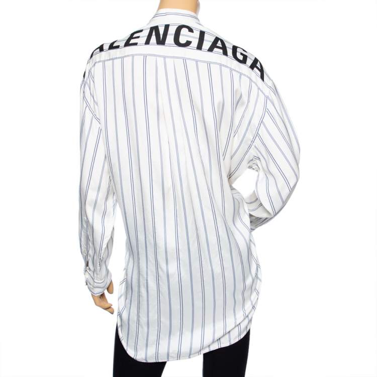 Pre Owned Balenciaga Off-White Striped Silk Logo Printed Oversized Shirt XS