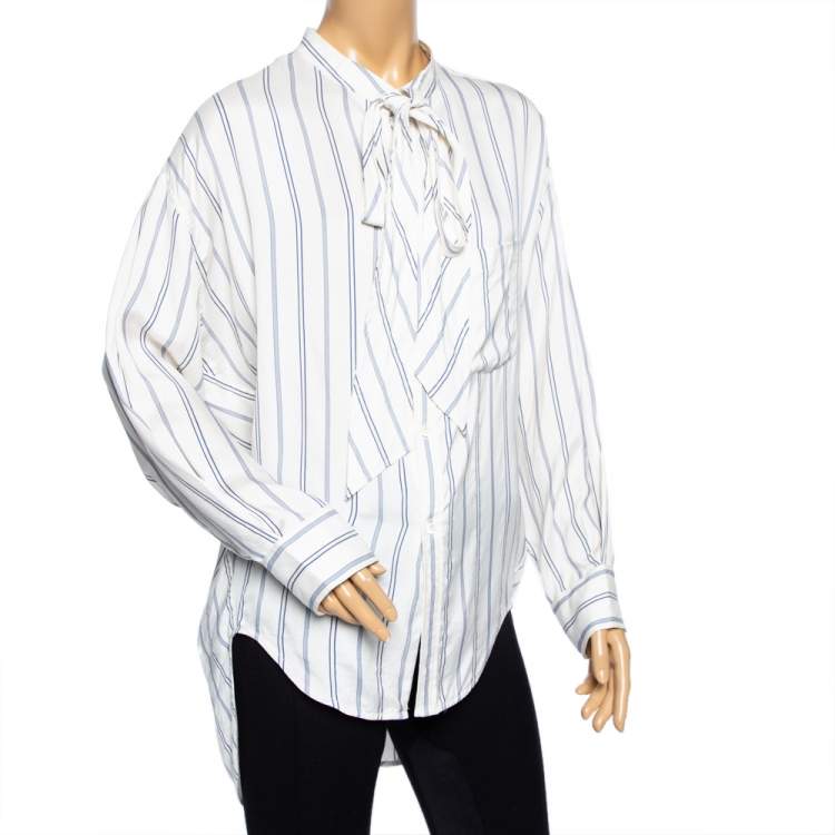 Pre Owned Balenciaga Off-White Striped Silk Logo Printed Oversized Shirt XS
