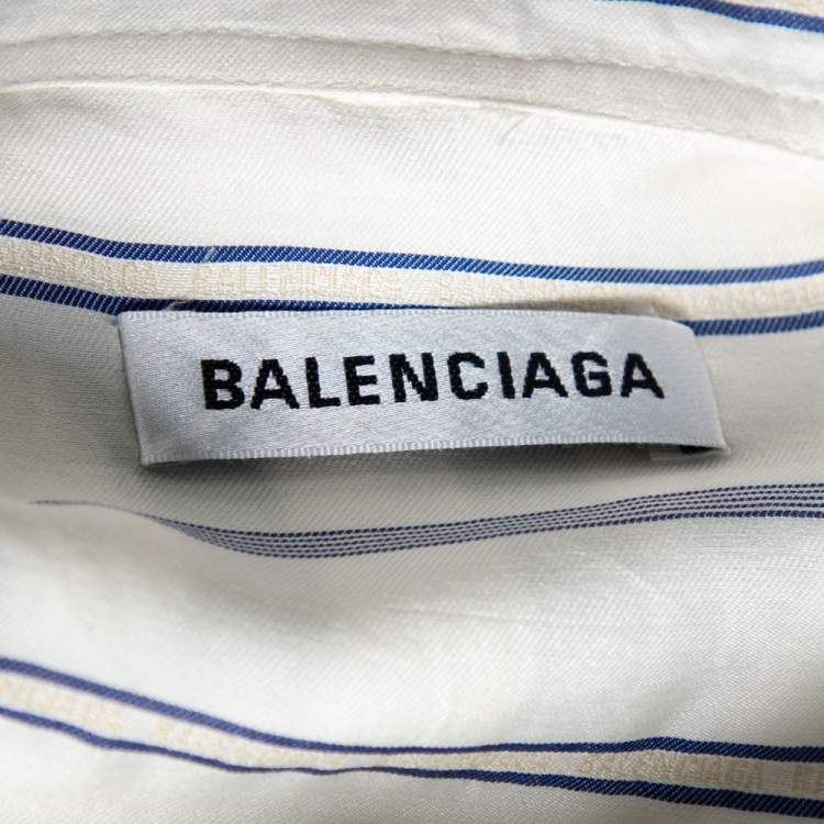 Pre Owned Balenciaga Off-White Striped Silk Logo Printed Oversized Shirt XS