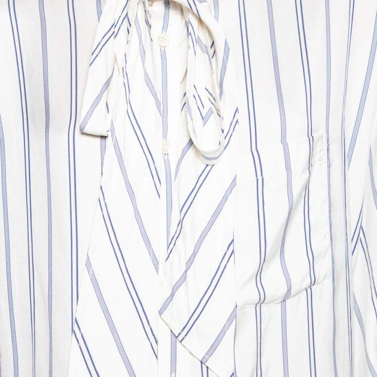 Pre Owned Balenciaga Off-White Striped Silk Logo Printed Oversized Shirt XS