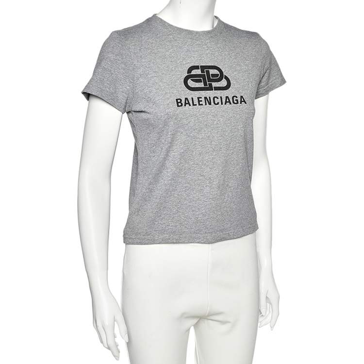 Pre Owned Balenciaga Grey Logo Printed Cotton Short Sleeve T-Shirt S