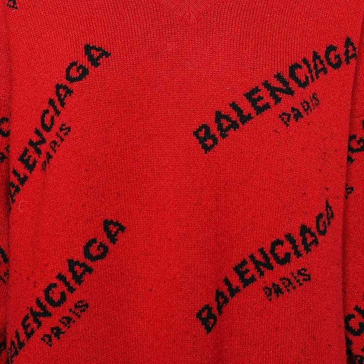 Pre Owned Balenciaga Red Logo Jacquard Wool V-neck Oversized Jumper M