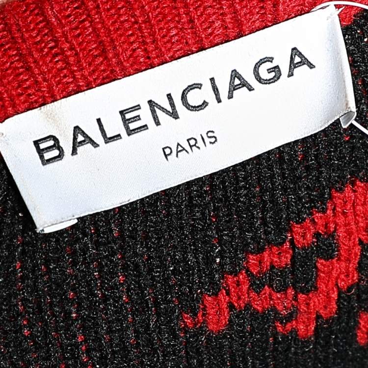 Pre Owned Balenciaga Red Logo Jacquard Wool V-neck Oversized Jumper M