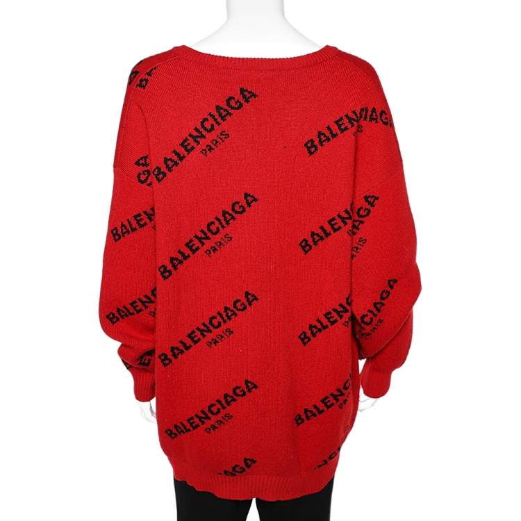 Pre Owned Balenciaga Red Logo Jacquard Wool V-neck Oversized Jumper M