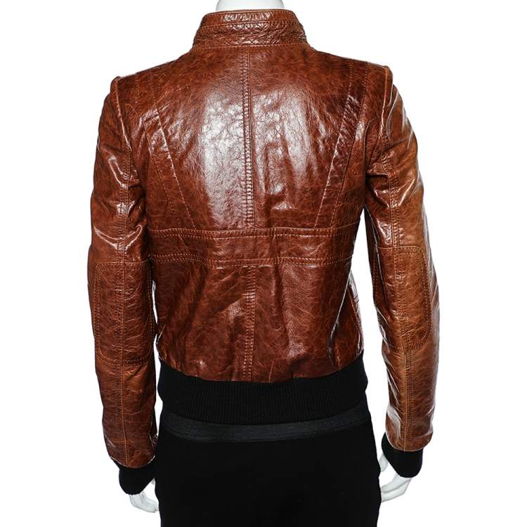 Pre Owned Balenciaga Brown Leather Zip Front Jacket S