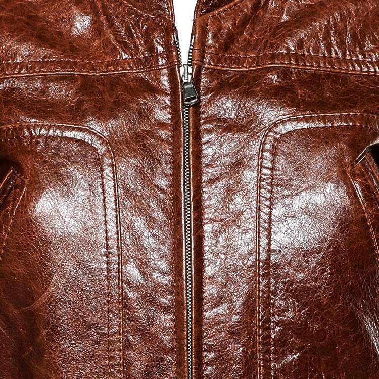 Pre Owned Balenciaga Brown Leather Zip Front Jacket S