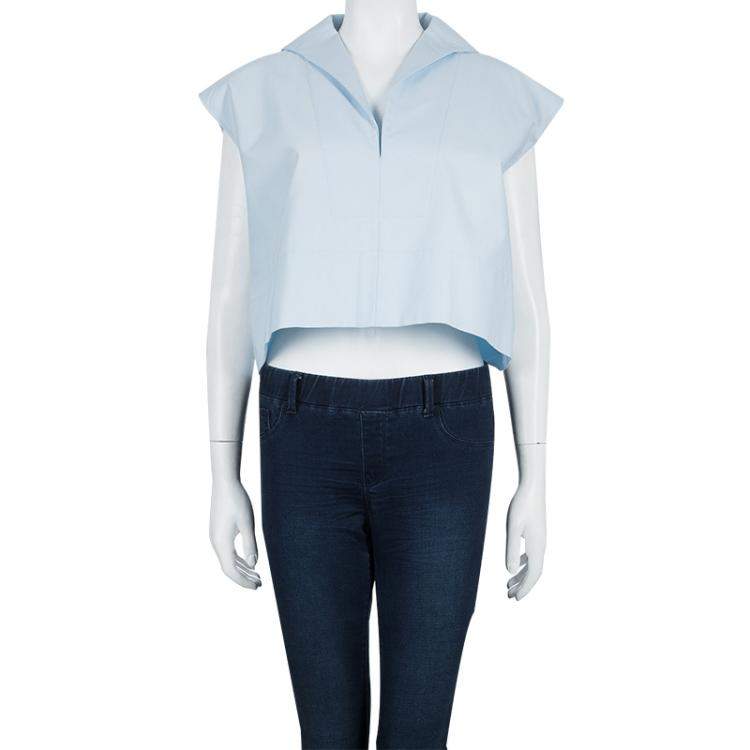 Pre Owned Balenciaga Blue Collared Yoke Detail Sleeveless Crop Top S