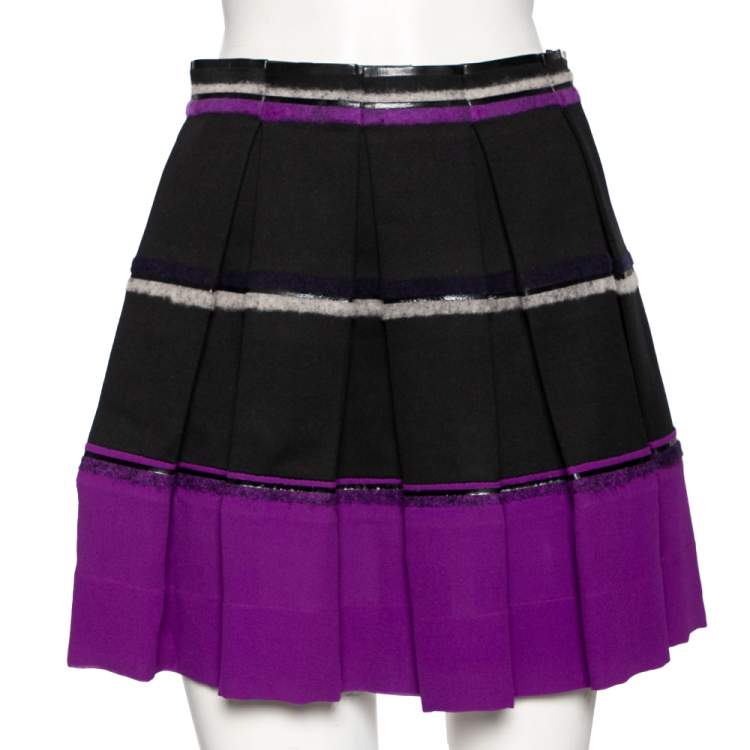 Pre Owned Balenciaga Black Synthetic & Silk Trimmed Pleated Mini Skirt S