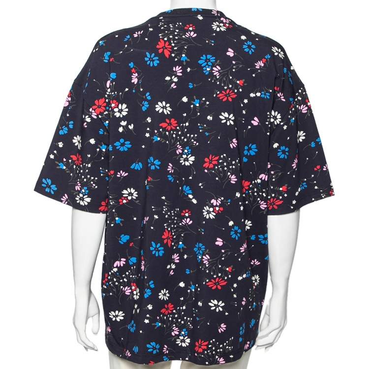 Pre Owned Balenciaga Navy Blue Floral Printed Cotton Oversized Short Sleeve T-Shirt M
