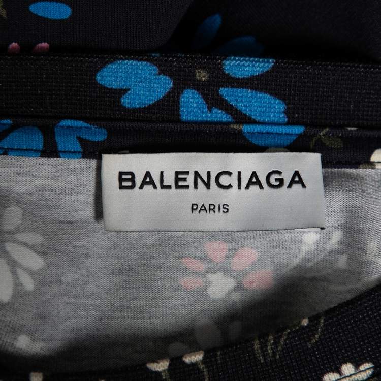 Pre Owned Balenciaga Navy Blue Floral Printed Cotton Oversized Short Sleeve T-Shirt M