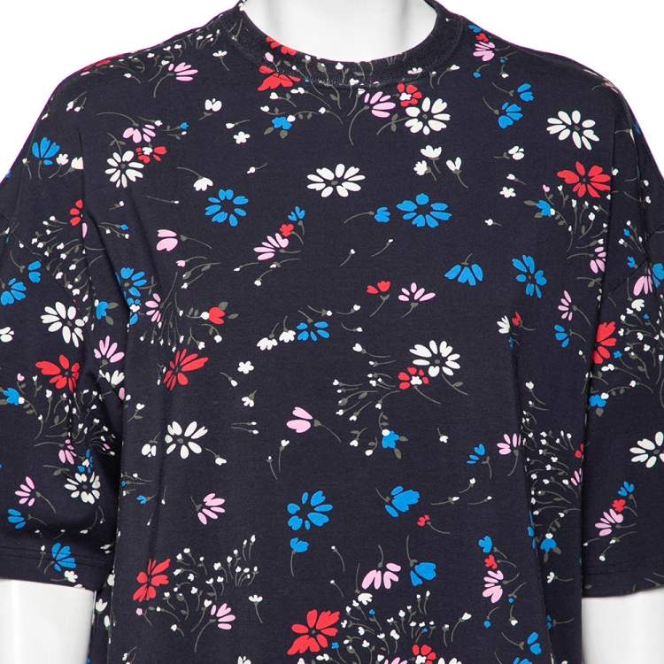 Pre Owned Balenciaga Navy Blue Floral Printed Cotton Oversized Short Sleeve T-Shirt M