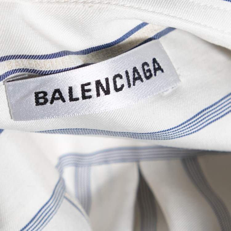 مملوكة مسبقًا Balenciaga White & Blue Striped Silk Logo Printed Oversized Shirt M