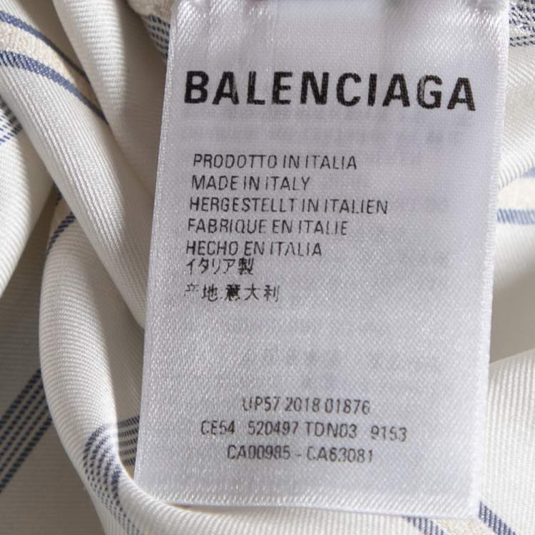 مملوكة مسبقًا Balenciaga White & Blue Striped Silk Logo Printed Oversized Shirt M