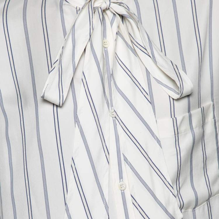 مملوكة مسبقًا Balenciaga White & Blue Striped Silk Logo Printed Oversized Shirt M