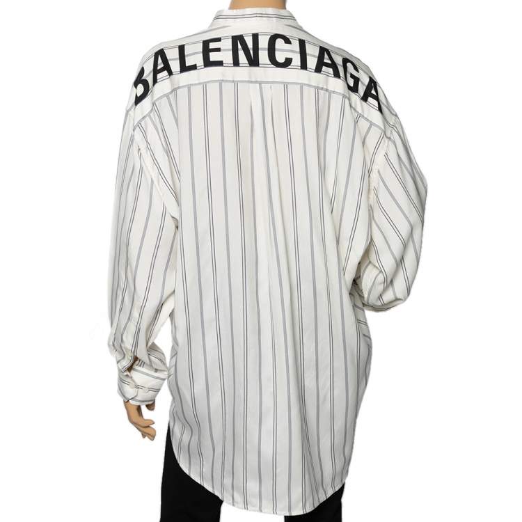 مملوكة مسبقًا Balenciaga White & Blue Striped Silk Logo Printed Oversized Shirt M