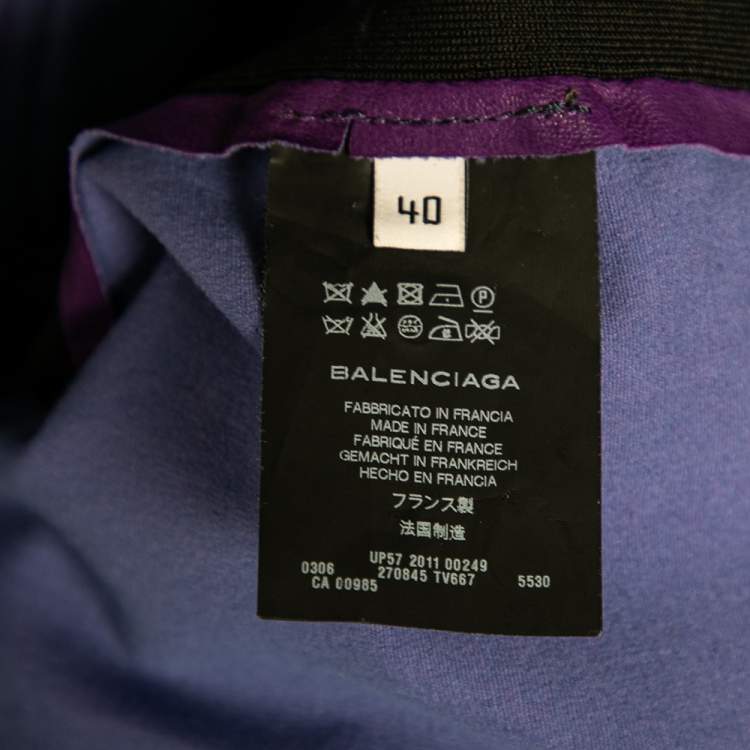 Pre Owned Balenciaga Purple Lambskin Leather Rib Knit Trimmed Skirt M