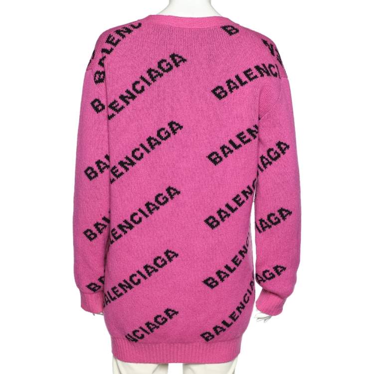 Pre Owned Balenciaga Pink Logo Intarsia Knit Long Cardigan S