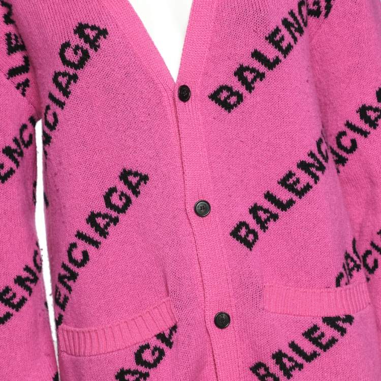 Pre Owned Balenciaga Pink Logo Intarsia Knit Long Cardigan S