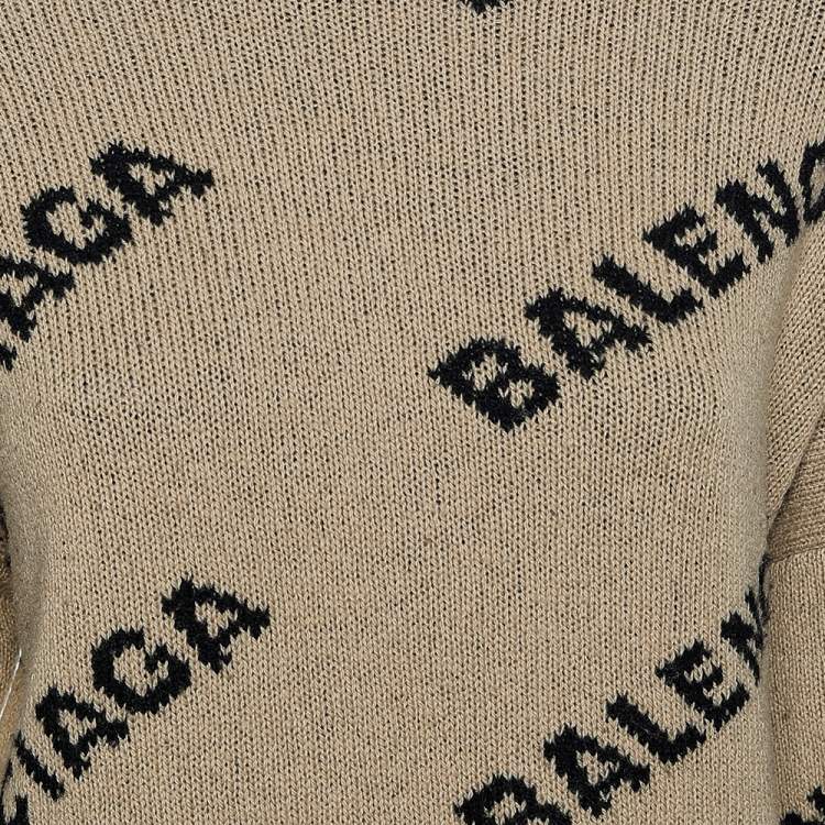 مملوكة مسبقًا Balenciaga Caramel Brown Allover Logo Wool Oversized Sweater S