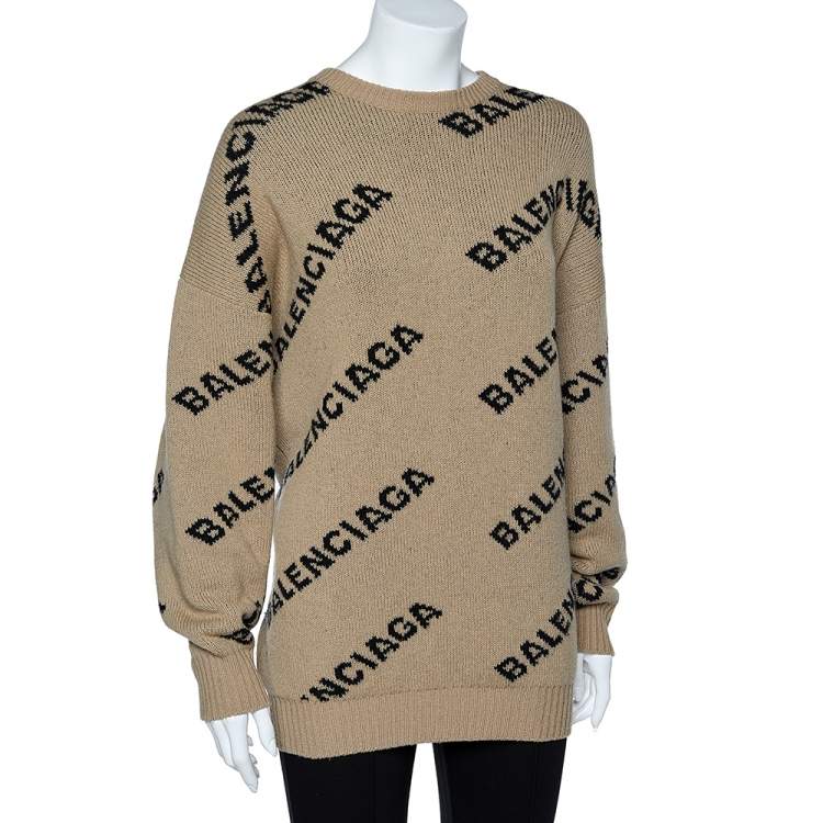 Balenciaga Caramel Brown Allover Logo Wool Oversized Sweater S ...