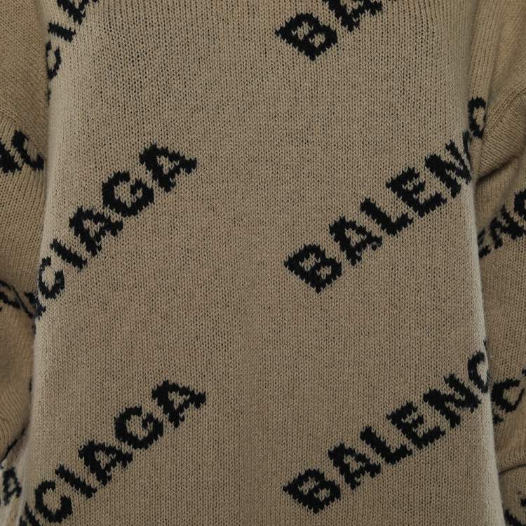 Pre Owned Balenciaga Light Brown Logo Intarsia Wool Knit Oversized Sweater XS