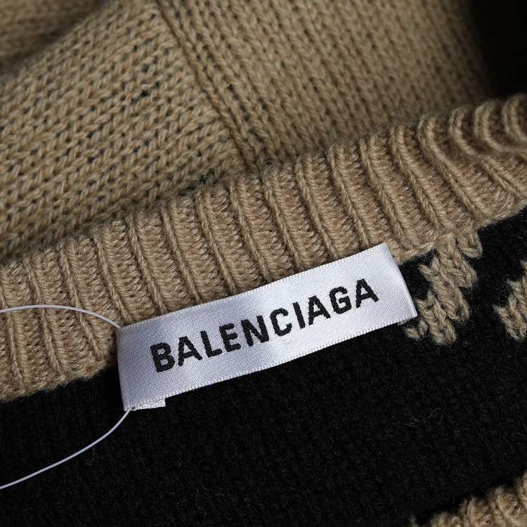 Pre Owned Balenciaga Light Brown Logo Intarsia Wool Knit Oversized Sweater XS