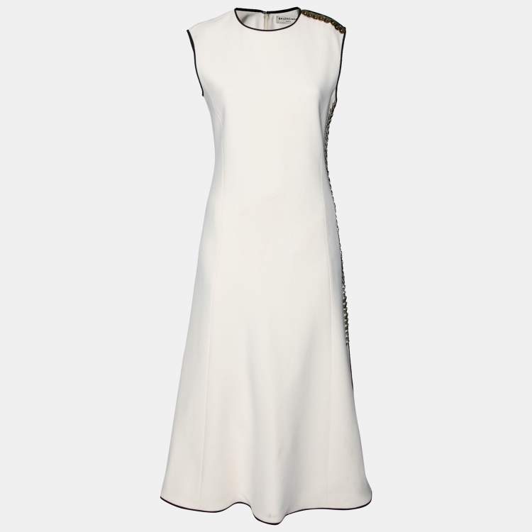 Pre Owned Balenciaga Cream Crepe Contrast Trimmed Button Detail Midi Dress M