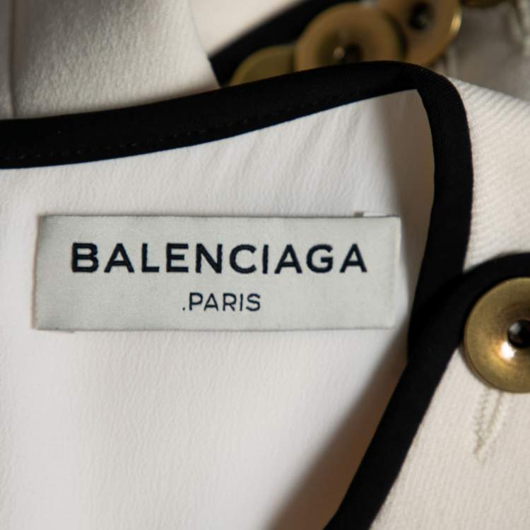 Pre Owned Balenciaga Cream Crepe Contrast Trimmed Button Detail Midi Dress M