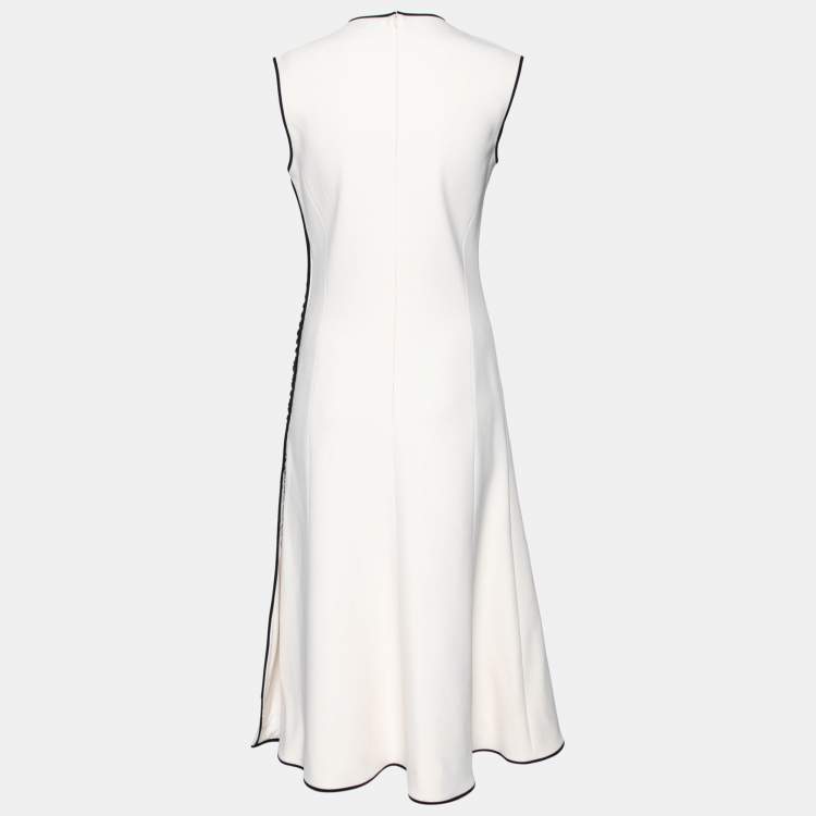 Pre Owned Balenciaga Cream Crepe Contrast Trimmed Button Detail Midi Dress M