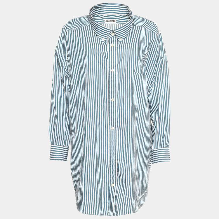 Pre Owned Balenciaga Blue Striped Cotton Logo Printed Oversized Shirt M