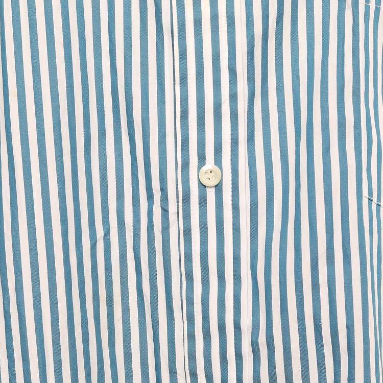Pre Owned Balenciaga Blue Striped Cotton Logo Printed Oversized Shirt M