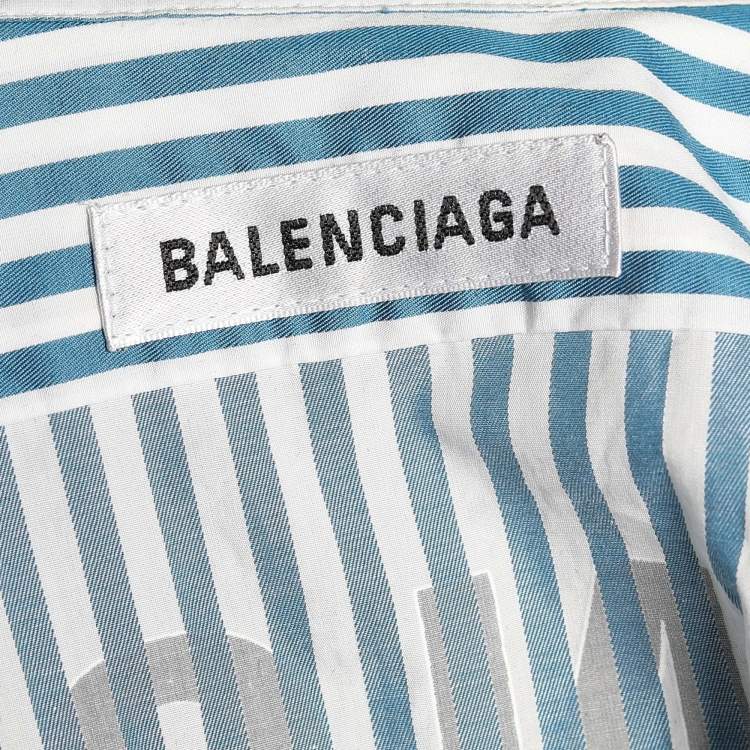Pre Owned Balenciaga Blue Striped Cotton Logo Printed Oversized Shirt M