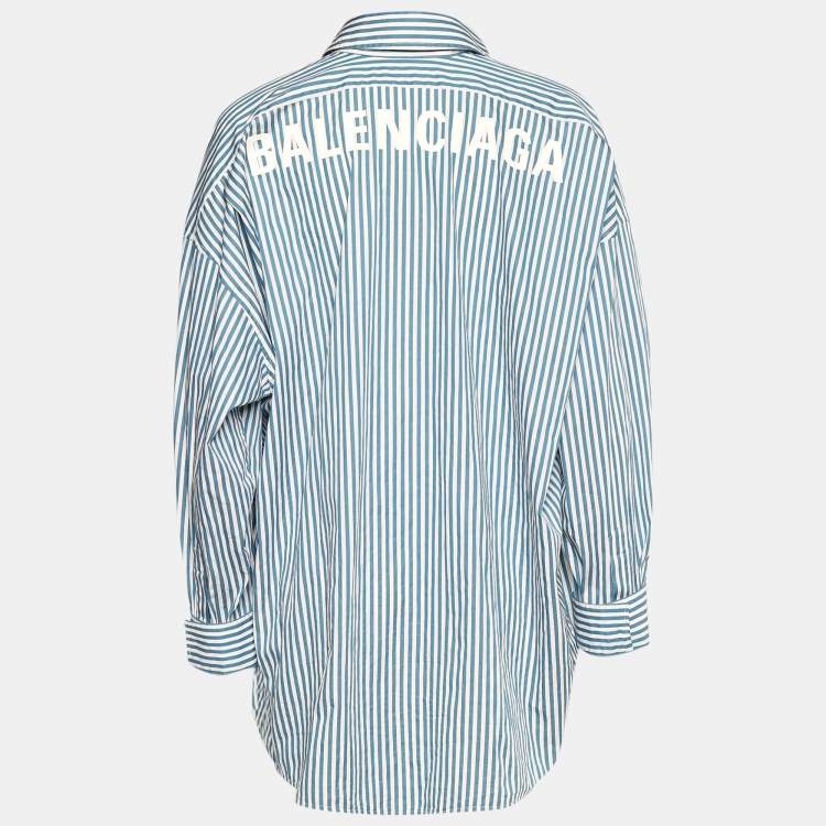 Pre Owned Balenciaga Blue Striped Cotton Logo Printed Oversized Shirt M