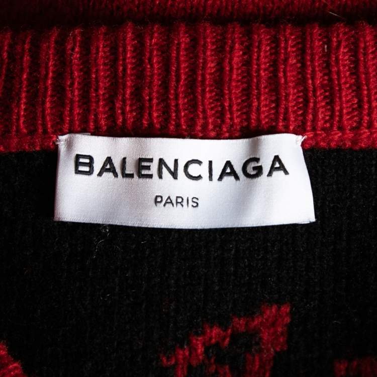 Pre Owned Balenciaga Burgundy Wool Allover Logo V Neck Oversized Sweater L