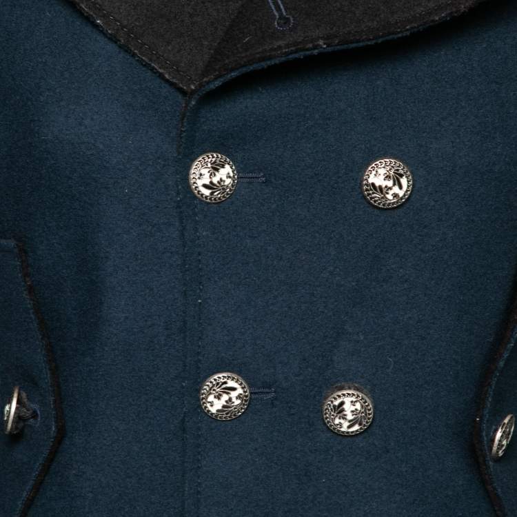 Pre Owned Balenciaga Navy Blue Wool Shearling Trimmed Double Breasted Jacket M