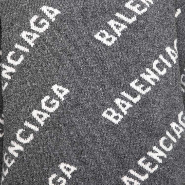 Pre Owned Balenciaga Grey Logo Intarsia Knit Wool Round Neck Jumper XS