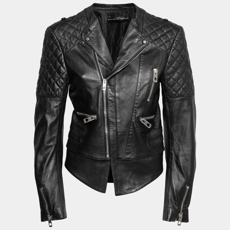 Pre Owned Balenciaga Black Leather Quilted Detail Zip Front Biker Jacket L