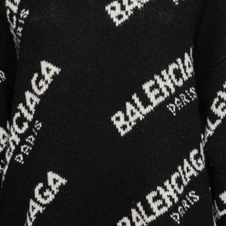 Pre Owned Balenciaga Black Wool Blend Allover Logo Crew Neck Sweater S